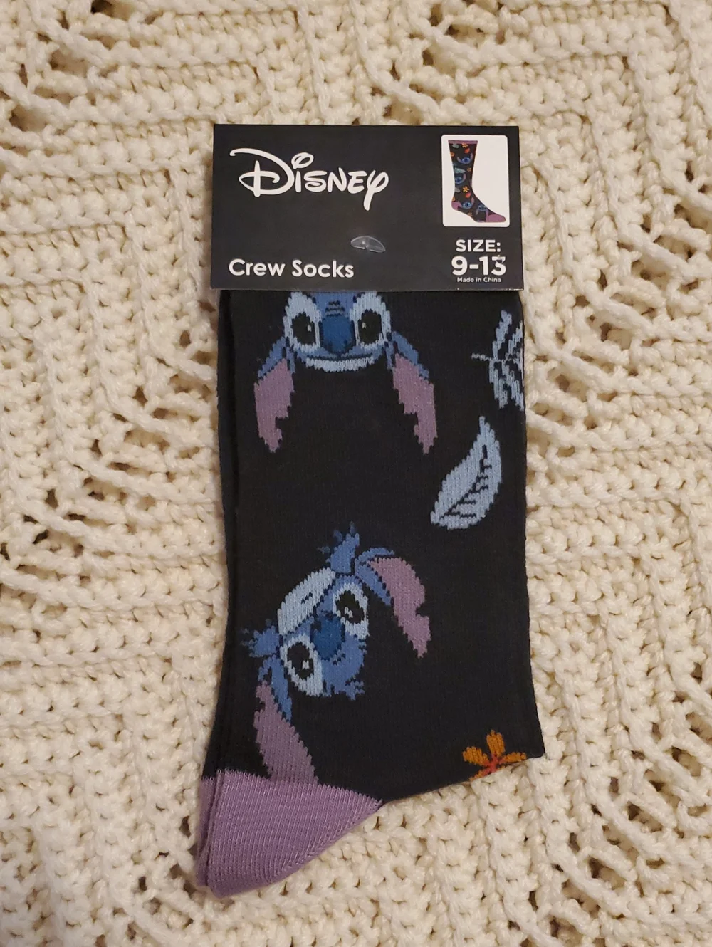 Disney Lilo & Stitch Black Crew Socks with Blue, Purple & Pink Design NEW